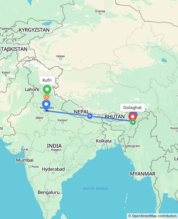 Route map showing distance and travel time from Kufri, India to Golaghat, India
