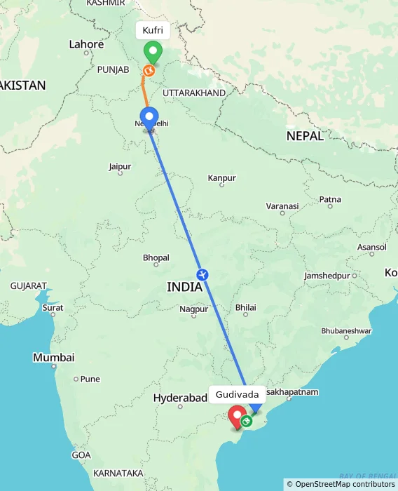 Route map showing distance and travel time from Kufri, India to Gudivada, India