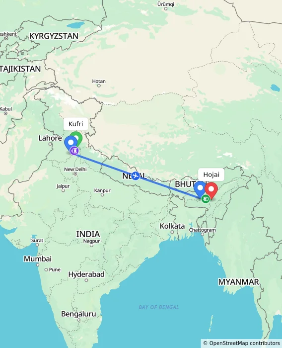 Route map showing distance and travel time from Kufri, India to Hojai, India