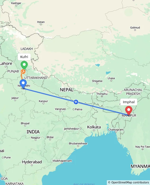 Route map showing distance and travel time from Kufri, India to Imphal, India