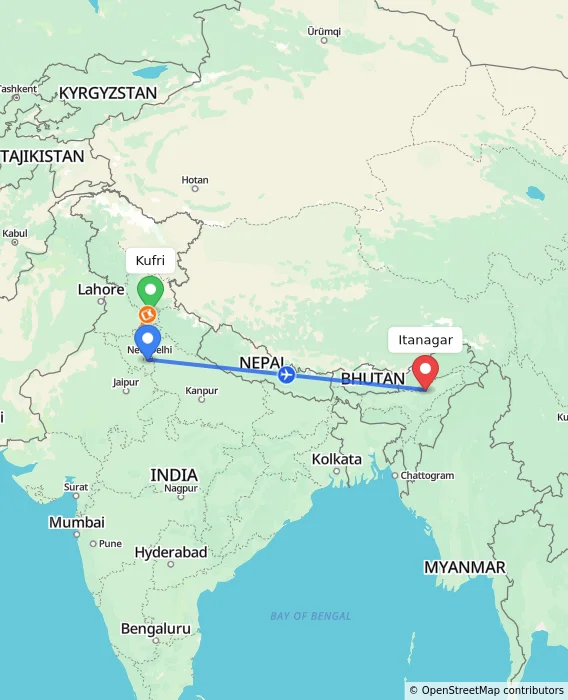 Route map showing distance and travel time from Kufri, India to Itanagar, India
