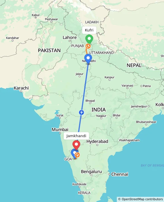 Route map showing distance and travel time from Kufri, India to Jamkhandi, India