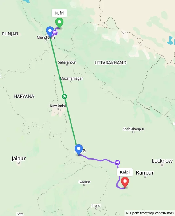Route map showing distance and travel time from Kufri, India to Kalpi, India