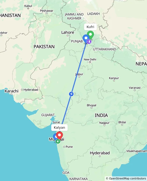 Route map showing distance and travel time from Kufri, India to Kalyan, India