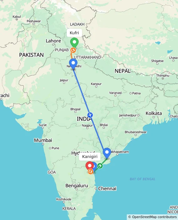 Route map showing distance and travel time from Kufri, India to Kanigiri, India