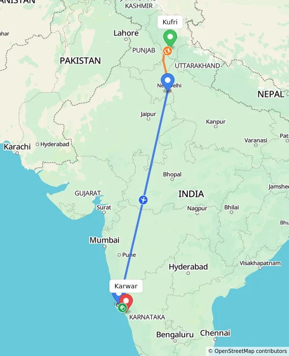 Route map showing distance and travel time from Kufri, India to Karwar, India