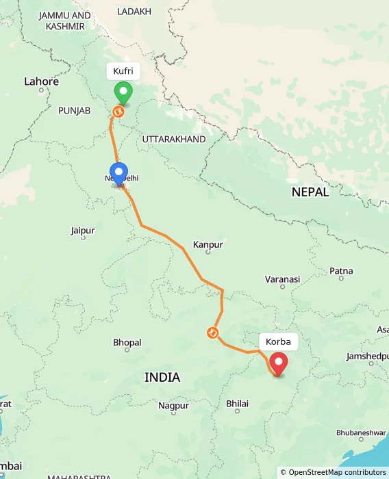 Route map showing distance and travel time from Kufri, India to Korba, India