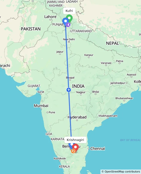 Route map showing distance and travel time from Kufri, India to Krishnagiri, India