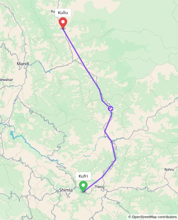 Route map showing distance and travel time from Kufri, India to Kullu, India