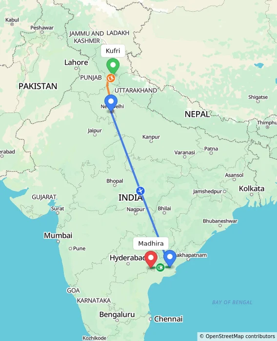 Route map showing distance and travel time from Kufri, India to Madhira, India