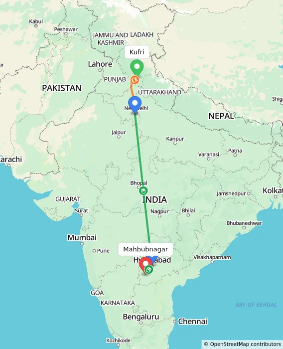 Route map showing distance and travel time from Kufri, India to Mahbubnagar, India