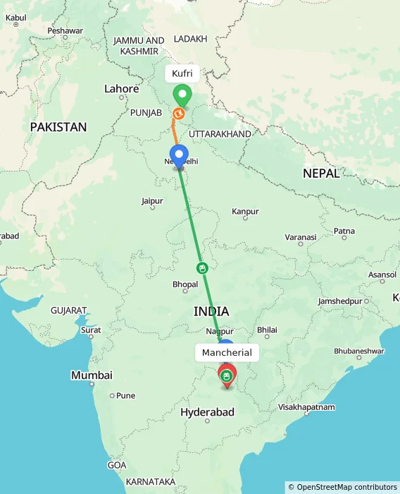 Route map showing distance and travel time from Kufri, India to Mancherial, India
