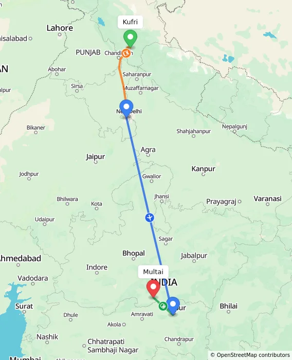 Route map showing distance and travel time from Kufri, India to Multai, India