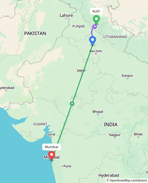 Route map showing distance and travel time from Kufri, India to Mumbai, India