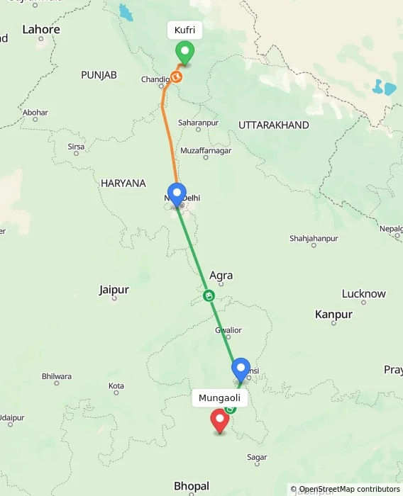 Route map showing distance and travel time from Kufri, India to Mungaoli, India