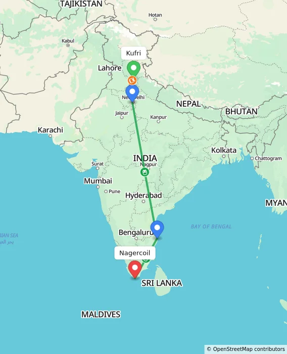 Route map showing distance and travel time from Kufri, India to Nagercoil, India