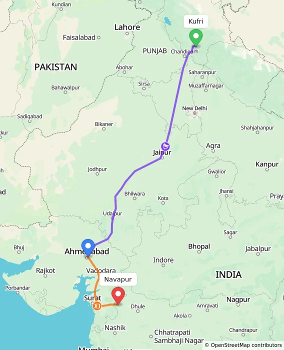 Route map showing distance and travel time from Kufri, India to Navapur, India