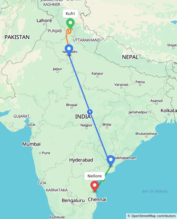Route map showing distance and travel time from Kufri, India to Nellore, India