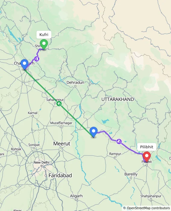 Route map showing distance and travel time from Kufri, India to Pilibhit, India