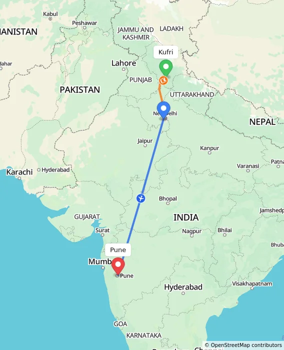 Route map showing distance and travel time from Kufri, India to Pune, India