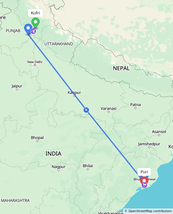 Route map showing distance and travel time from Kufri, India to Puri, India