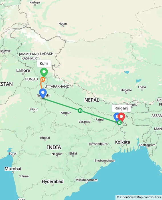 Route map showing distance and travel time from Kufri, India to Raiganj, India