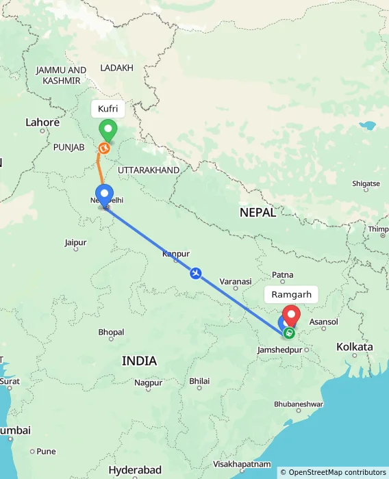 Route map showing distance and travel time from Kufri, India to Ramgarh, India
