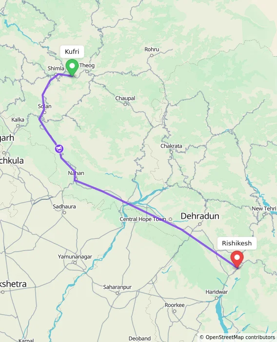 Route map showing distance and travel time from Kufri, India to Rishikesh, India