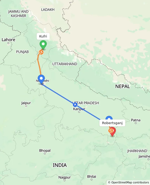 Route map showing distance and travel time from Kufri, India to Robertsganj, India