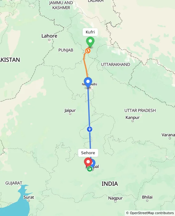 Route map showing distance and travel time from Kufri, India to Sehore, India