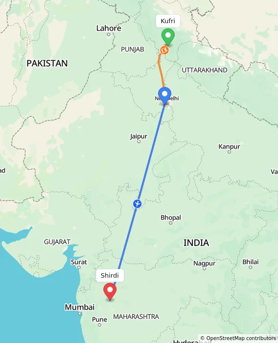 Route map showing distance and travel time from Kufri, India to Shirdi, India