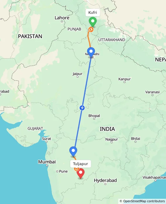Route map showing distance and travel time from Kufri, India to Tuljapur, India