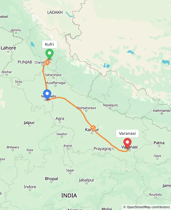 Route map showing distance and travel time from Kufri, India to Varanasi, India