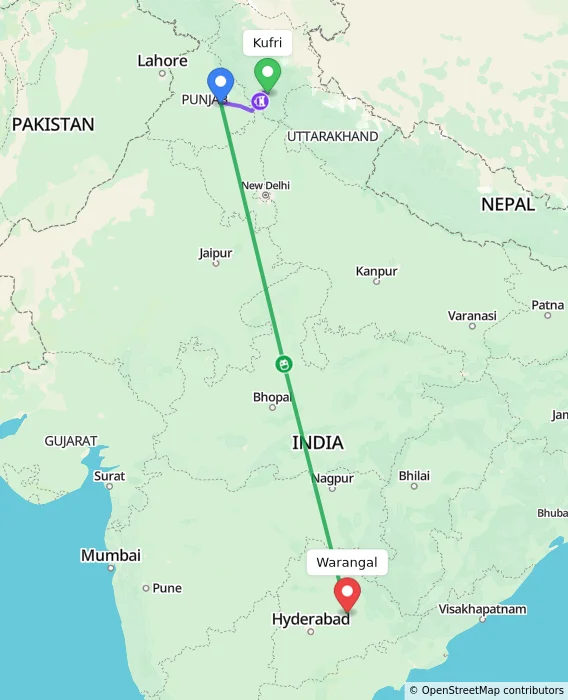Route map showing distance and travel time from Kufri, India to Warangal, India