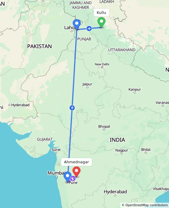 Route map showing distance and travel time from Kullu, India to Ahmednagar, India