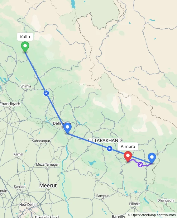 Route map showing distance and travel time from Kullu, India to Almora, India