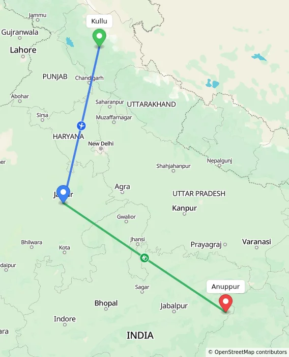 Route map showing distance and travel time from Kullu, India to Anuppur, India