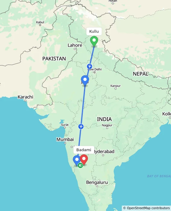 Route map showing distance and travel time from Kullu, India to Badami, India