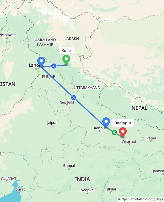 Route map showing distance and travel time from Kullu, India to Badlapur, India