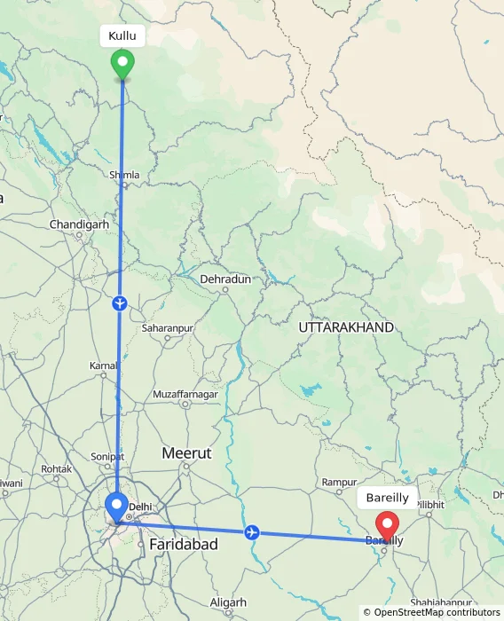 Route map showing distance and travel time from Kullu, India to Bareilly, India