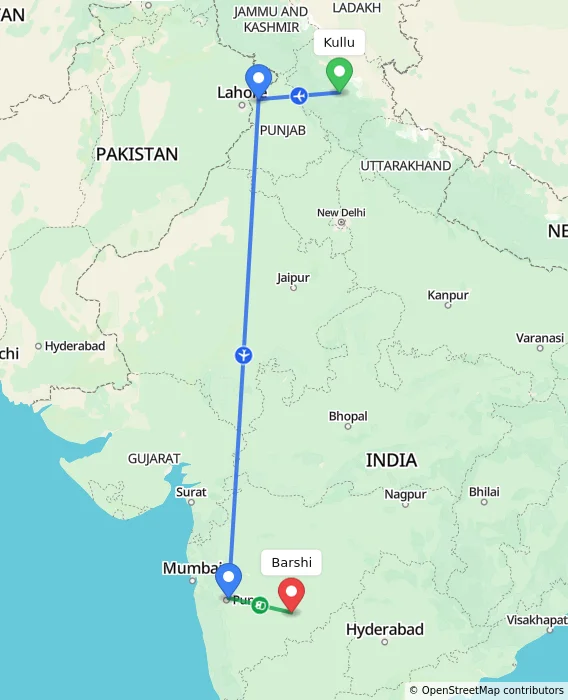 Route map showing distance and travel time from Kullu, India to Barshi, India
