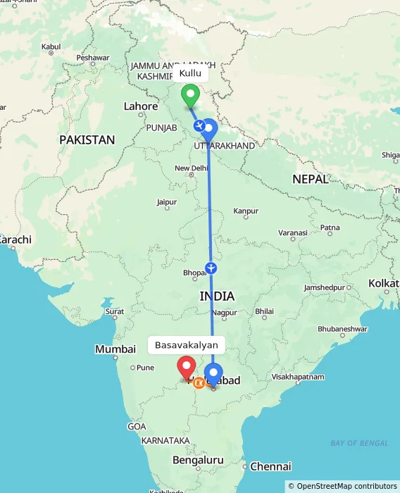 Route map showing distance and travel time from Kullu, India to Basavakalyan, India