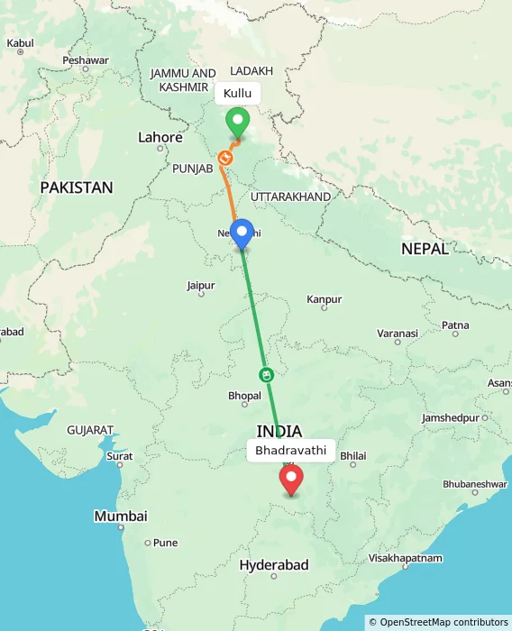 Route map showing distance and travel time from Kullu, India to Bhadravathi, India