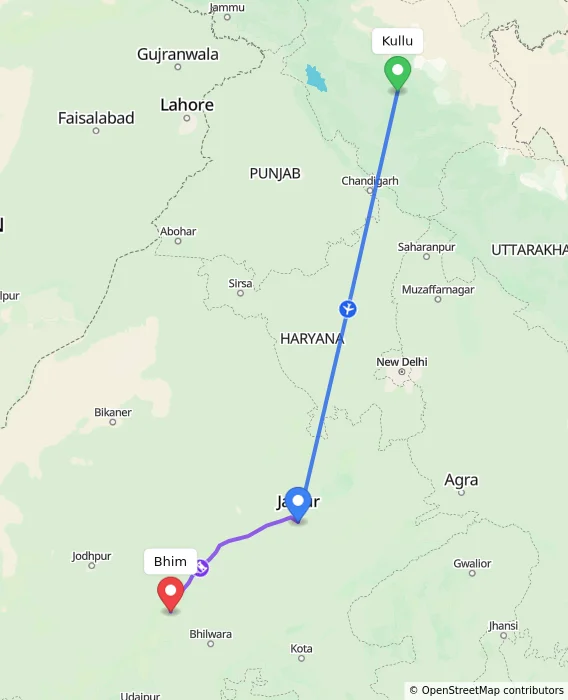 Route map showing distance and travel time from Kullu, India to Bhim, India