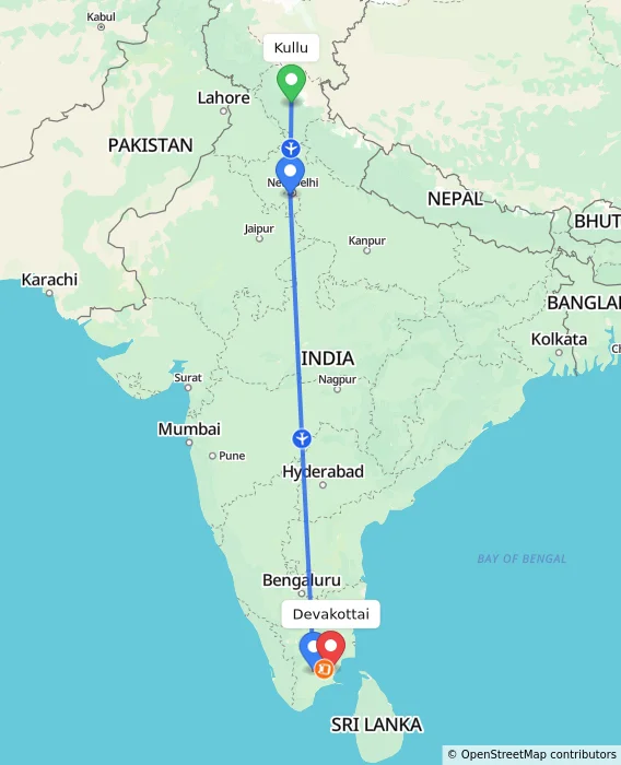 Route map showing distance and travel time from Kullu, India to Devakottai, India