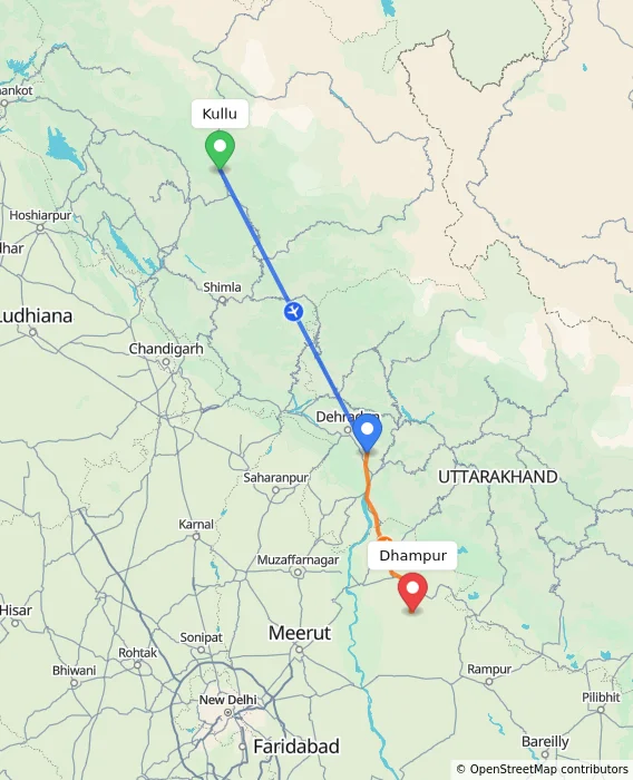 Route map showing distance and travel time from Kullu, India to Dhampur, India