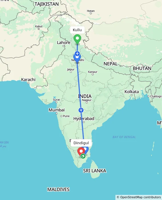 Route map showing distance and travel time from Kullu, India to Dindigul, India