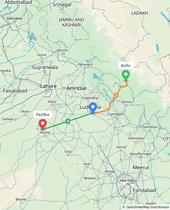 Route map showing distance and travel time from Kullu, India to Fazilka, India