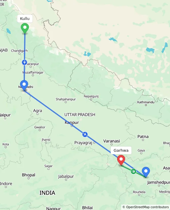 Route map showing distance and travel time from Kullu, India to Garhwa, India
