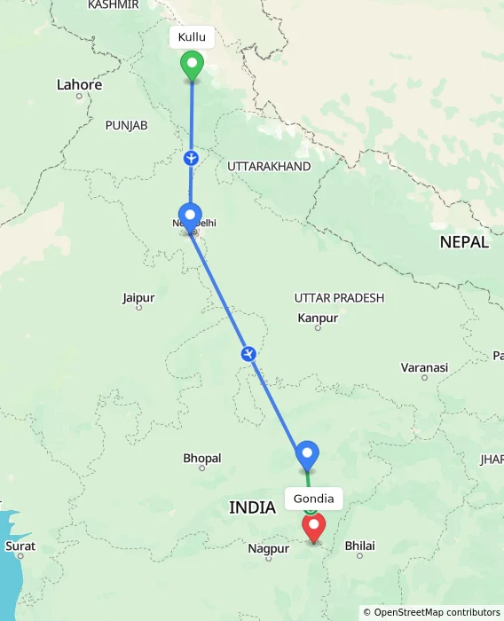 Route map showing distance and travel time from Kullu, India to Gondia, India
